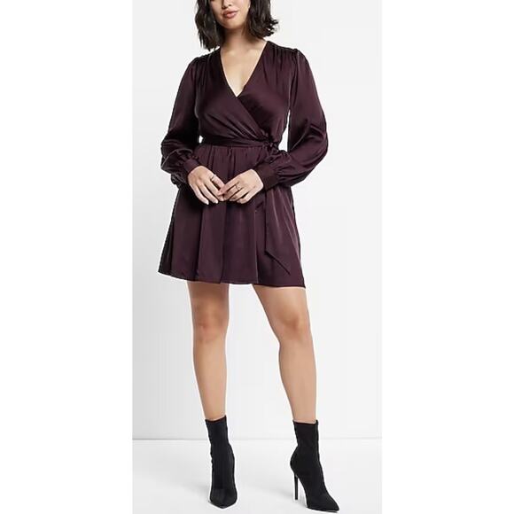 EXPRESS Satin Merlot Brown Long Puff Sleeve Faux Wrap Tie Mini Dress - Picture 6 of 13